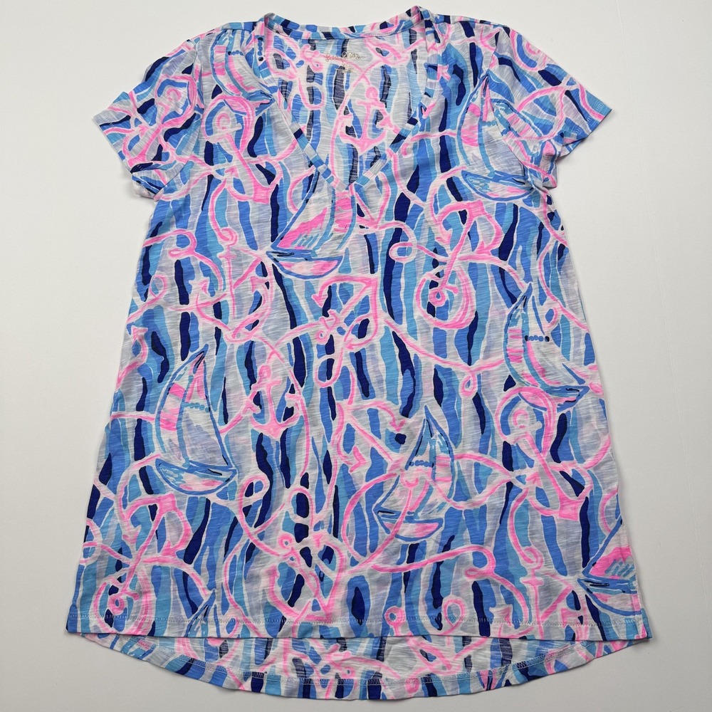 Lilly Pulitzer Shirt Womens XS Blue Pink Nautical V Neck Short Sleeve Top